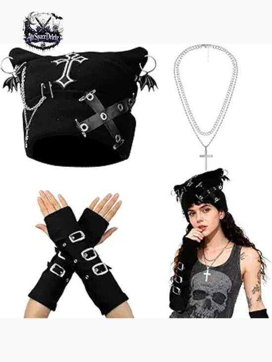 Goth Knit Beanie with Cat Ears, Fingerless Gloves, Necklaces Y2K Set main image 5